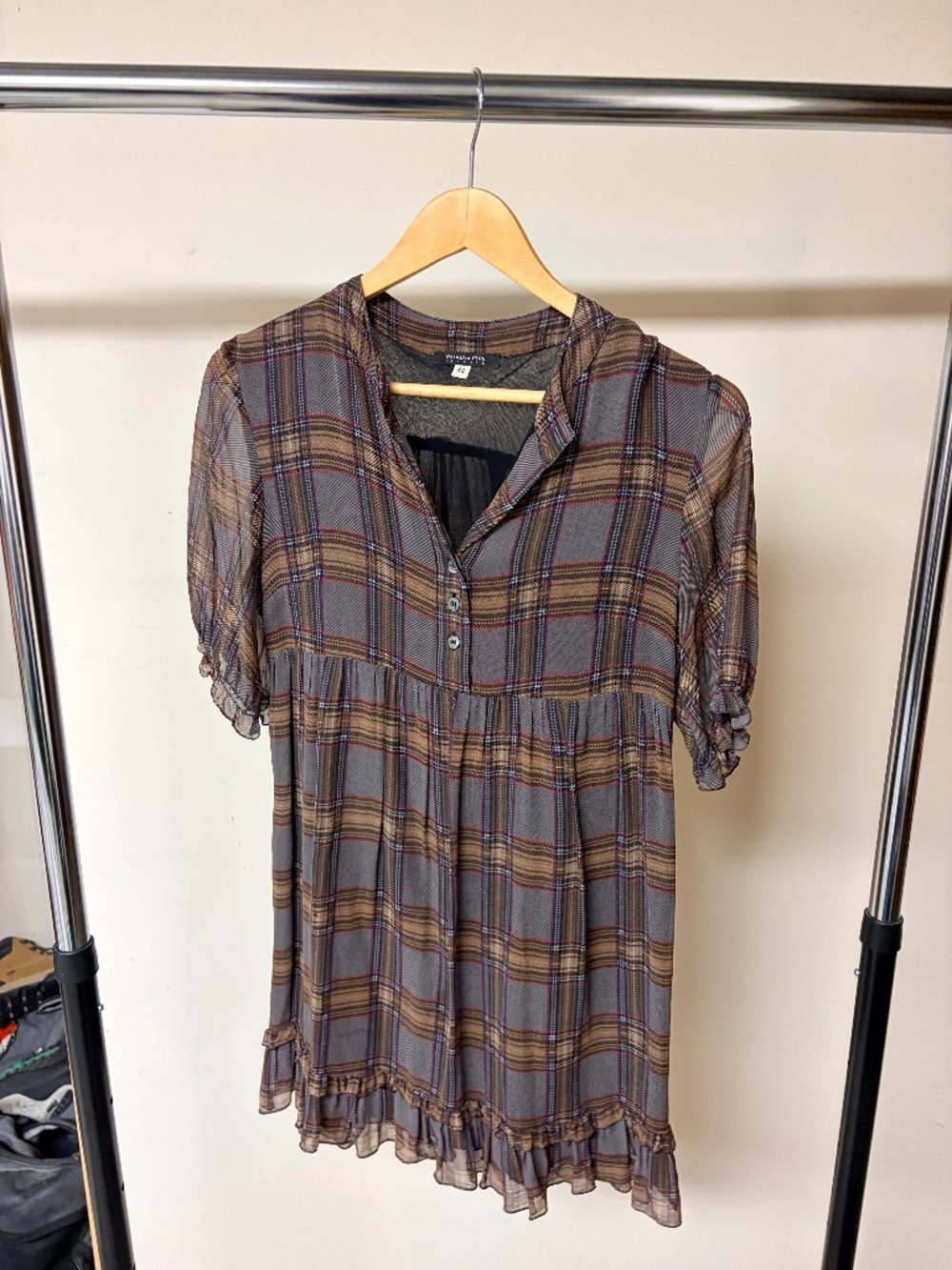 Patrizia Pepe brown and gray plaid blouse with ruffle hem and button-up front